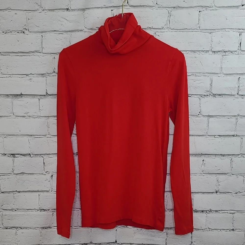 J Crew Long Sleeve Ultra Thin Cotton Relaxed Straight Tissue Turtleneck Top Red